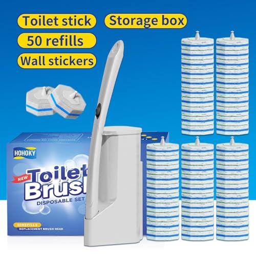 Disposable Toilet Brush Set with Wall Mount Holder & 50 Refill Pads