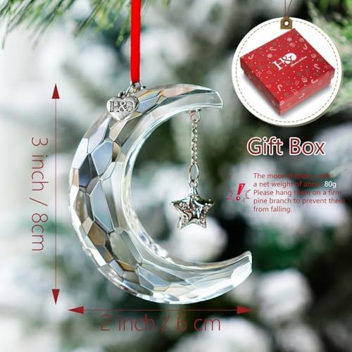 2026 Clear Crystal Moon Hanging Ornament Suncatcher – 3in x 6.4cm, H&D HYALINE & DORA, Includes Gift Box & Ribbon, Variation: Clear Moon Christmas