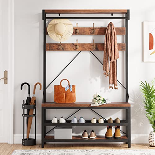 Industrial Hall Tree with Bench and Shoe Storage, 8-Hook Entryway Organizer
