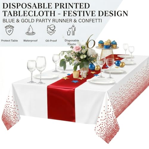Idrese H 8-Pack Disposable Plastic Tablecloths and Satin Table Runner Set for Weddings & Parties