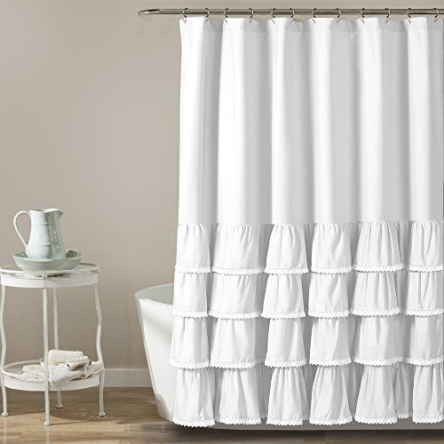 Lush Decor Ella Shower Curtain with Ruffle Lace Design | Shabby Chic Farmhouse Style Bathroom, 72¡± x 72¡±, White