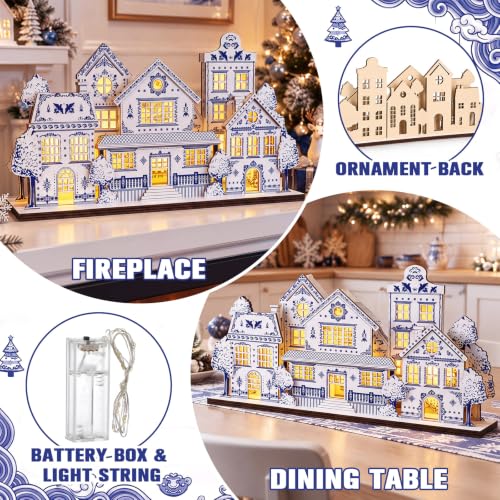 Tondiamo Lighted Chinoiserie Blue & White Christmas Village House Centerpiece