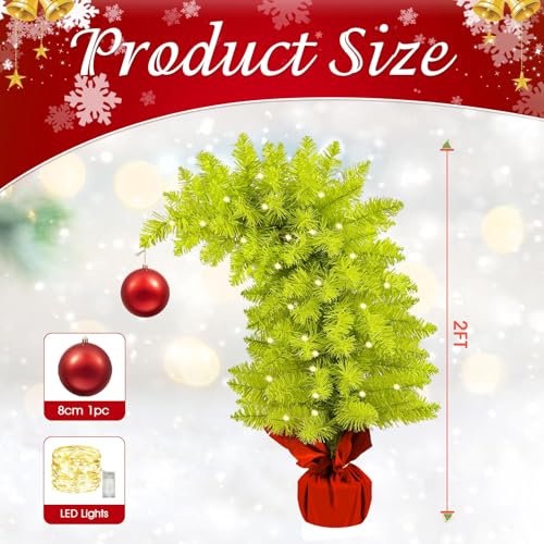 2 FT Lime Green Bendable Christmas Tree with Ornaments - Whimsical Holiday Decor