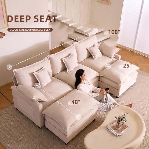 108-Inch U-Shaped Modular Cloud Sofa with Ottoman, Linen Beige