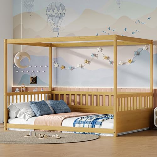Full Size Montessori Floor Bed Frame with Canopy and Safety Guardrails
