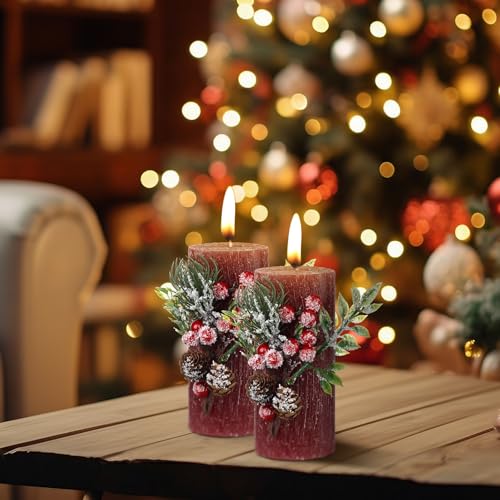 Conelist 2-Pack Burgundy Christmas Pillar Candles 3 x 6in with Pine Branch