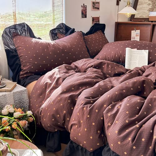 Brown Polka Dot Ruffle Duvet Cover King | Soft Double Gauze Bedding Set