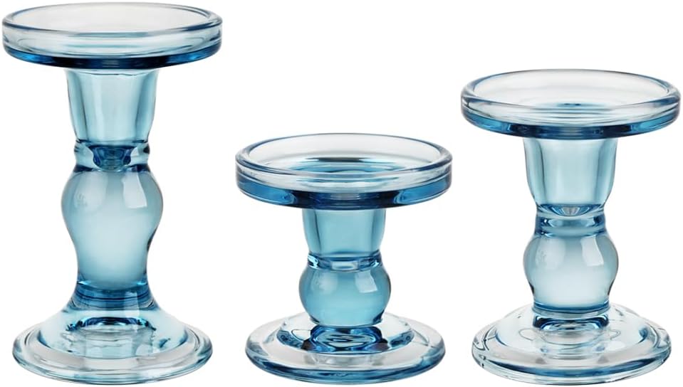 Skiennix 3-Piece Blue Glass Candlestick Set - Elegant Crystal Holders for Weddings & Home Decor