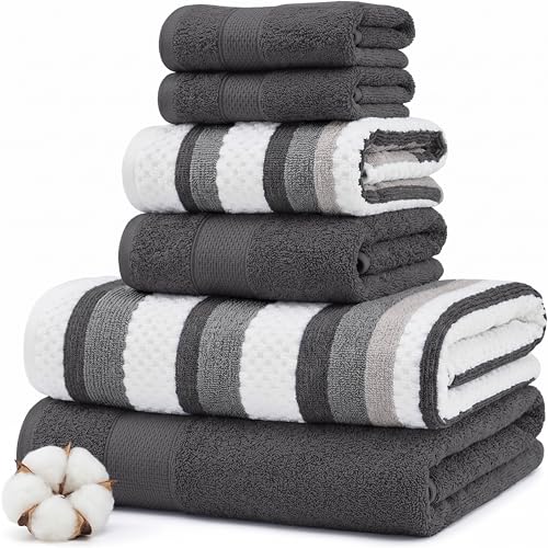 6-Piece Reversible Cotton Jacquard Towel Set - Absorbent Bath & Hand Towels