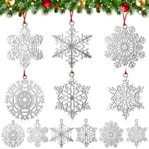 Threehoney 12 Pcs Metal Snowflake Christmas Ornaments Pewter Tree Decor