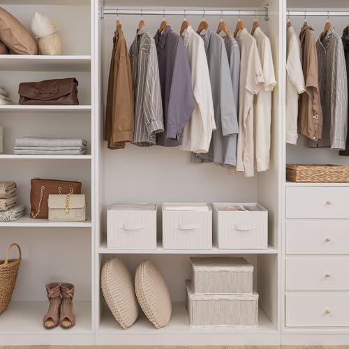Foldable Fabric Shelf Storage Bins Beige Stripes 3-Pack Large Closet Baskets