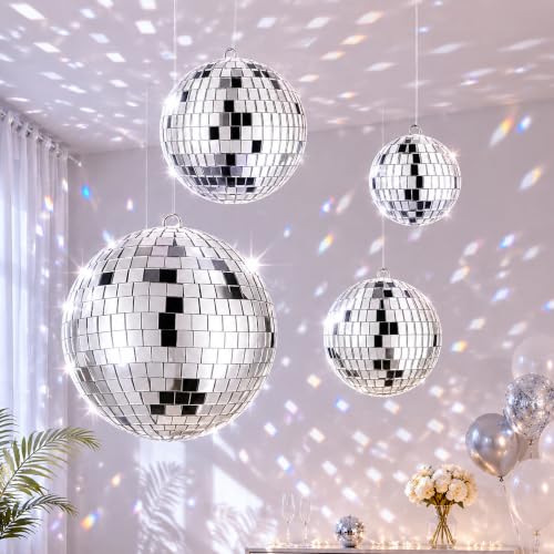 4 PCS 6'' 4'' 3.15'' 2.4''Large Silver Disco Ball Hanging Decoration