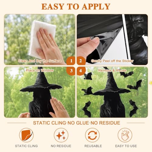 Halloween Window Clings - 3pcs Dark Witch & Bat Decor