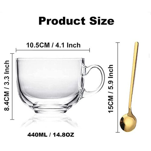 Large Clear Glass Coffee Mugs Set of 2,14.8 oz(440ml)-Wide Mouth Tea Cups with Handle and Spoon Transparent Drinking for Cappuccino Cups, Latte, Milk color 4 Piece