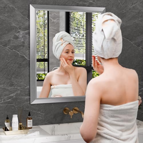 24x30 Inch Rectangular Bathroom Wall Mirror, Brushed Silver Metal Frame