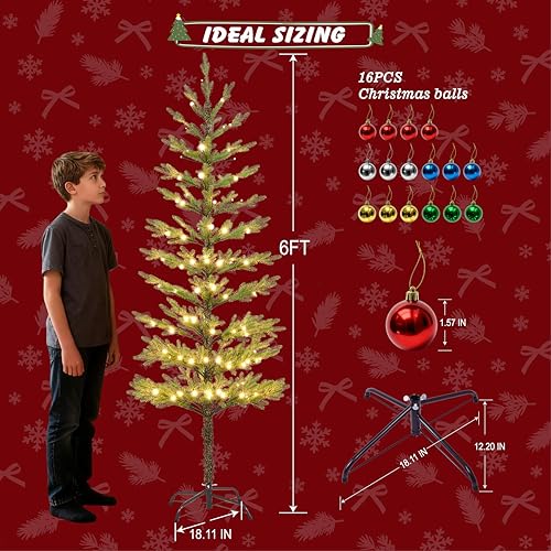LIGHTSHARE 6FT Green Warm White Evergreen Pine Needle Christmas Tree with Ornaments, Remote & Dimmable, Holiday Decor