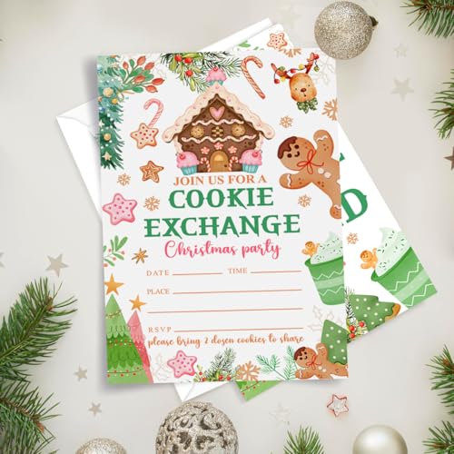 Weifuju M4 Christmas Party Invitations for Girl, Cookies Exchange, Pink Xmas Invite Cards, 20 with Envelopes