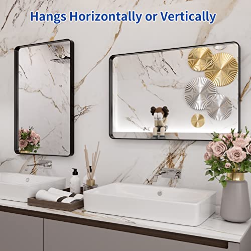 20x30 Inch Matte Black Bathroom Vanity Mirror, Rounded Rectangle Wall Mirror