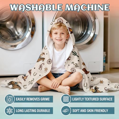 Western Cowboy Hooded Towel for Toddlers, 30"x50" Wearable Flannel Poncho