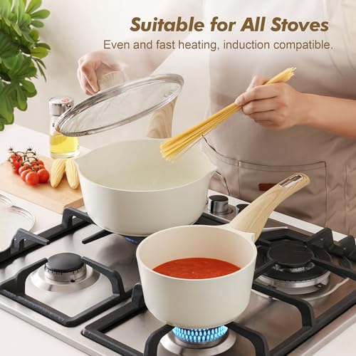 Ceramic Nonstick Saucepan with Glass Lid - 1.5 Qt Small Cooking Pot