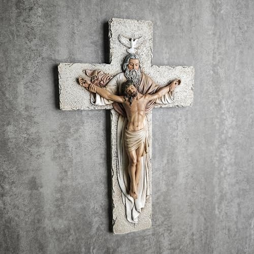 Holy Trinity Crucifix Wall Cross - 9.5-Inch Hand-Painted Stone Resin