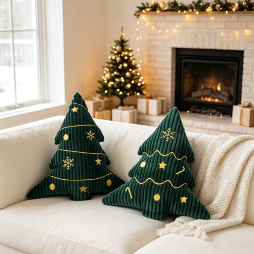 Green Corduroy Embroidered Christmas Tree Pillows Set of 2, 14x16 Inches
