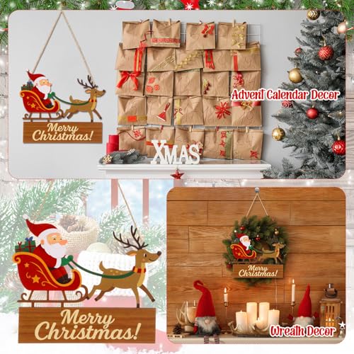 Merry Christmas Door Sign Santa Reindeer Wood Hanger with Burlap Rope
