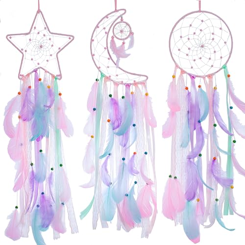 3-Piece Pink Dream Catcher Set - Star, Moon & Sun Wall Decor for Girls Room