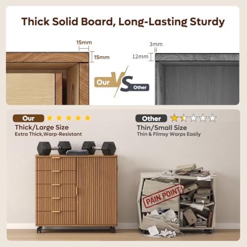 5-Drawer Mobile Office Storage Cabinet with Fluted Wood Design