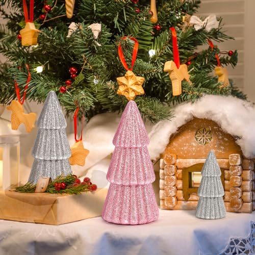 6-Piece Pink & Silver Christmas Tree Set – Tabletop Table Decor, 3 Sizes