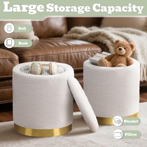 Round Boucle Storage Ottoman with Gold Base, Plush Vanity Foot Stool