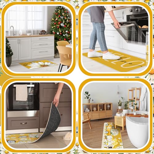 3-Piece Yellow Daisy Kitchen Rug Set, Non-Slip Washable Floral Floor Mats