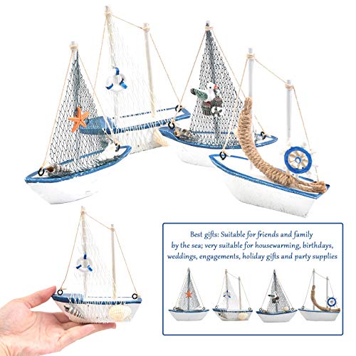 4-Piece Mini Wooden Sailboat Table Decor - Nautical Beach Bathroom Ornament