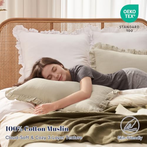 King Size Cotton Muslin Ruffle Pillow Shams, 2-Pack Breathable Gauze Covers