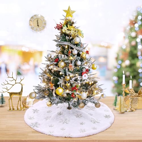 24-Inch White Faux Fur Mini Christmas Tree Skirt with Silver Snowflakes
