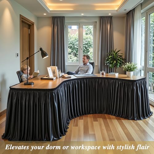 6ft Black Satin Table Skirt, Wrinkle-Free Pleated Spandex for Party Decor