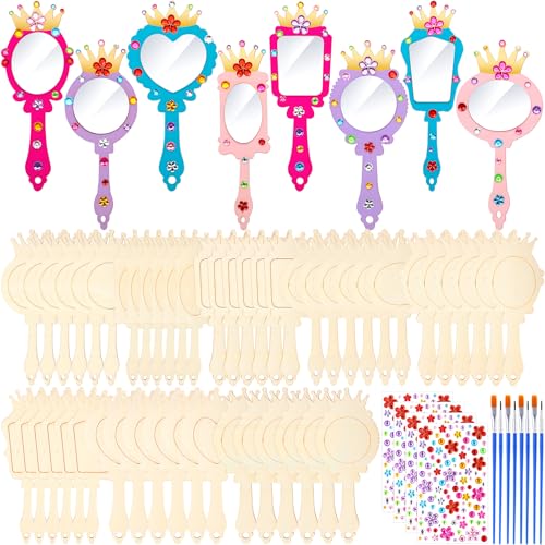 48-Pack DIY Wooden Hand Mirror Craft Kit for Kids Princess Party Favors