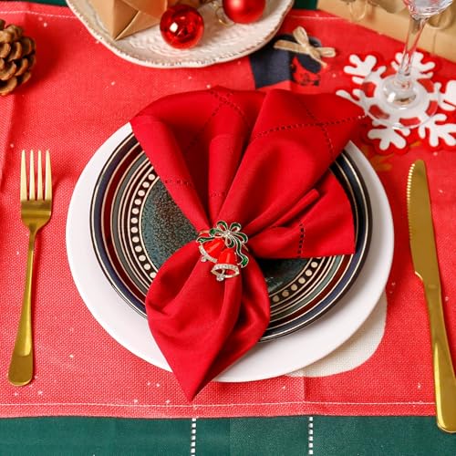 FEKIDO Christmas Jingle Bell Napkin Rings Set of 6 - Festive Red Metal with Green Ribbon for Holiday Table Decor
