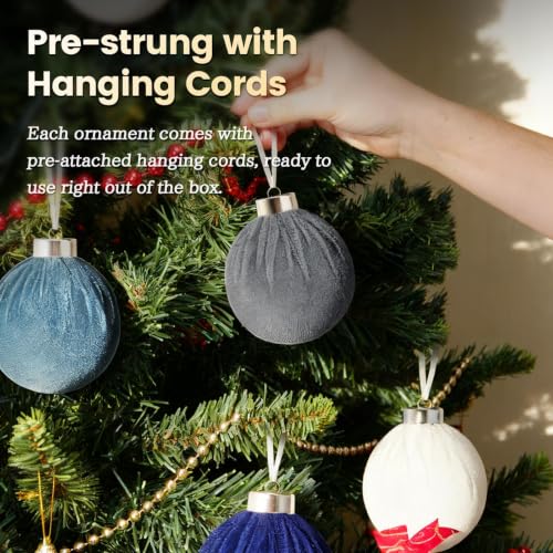 EverMerry 15 PCS Velvet Christmas Ornaments Set - Blue & White, 3.14'' Holiday Decorations for Tree, Wreath, Garland