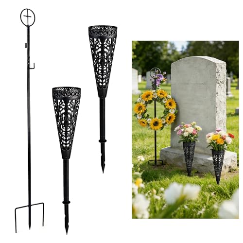 Adjustable Metal Cemetery Wreath Stand with Vases - 38" Grave Flower Holder