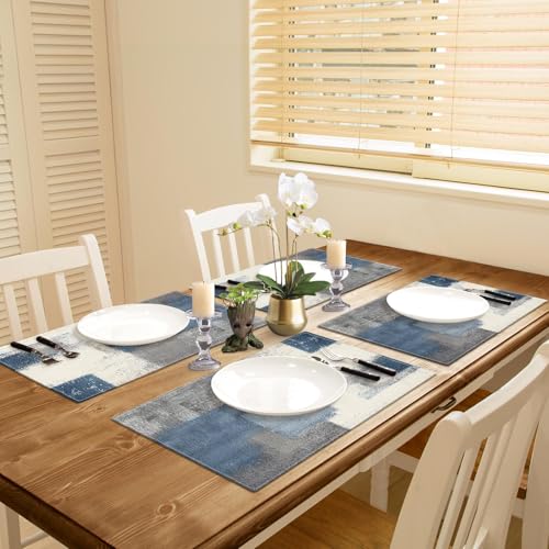 Abstract Blue Grey Linen Placemats Set of 4, 12x18 Inch Farmhouse Table Mats