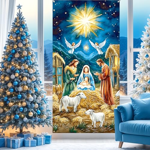 Religious Christmas Nativity Door Cover - Jesus Holy Night Scene, Blue & Gold, 70x35 inches