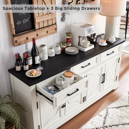 66-Inch Farmhouse Buffet Sideboard with Storage, Drawers & Adjustable Shelves