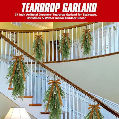27-Inch Artificial Norfolk Pine Christmas Teardrop Swag with Velvet Bows & Bells