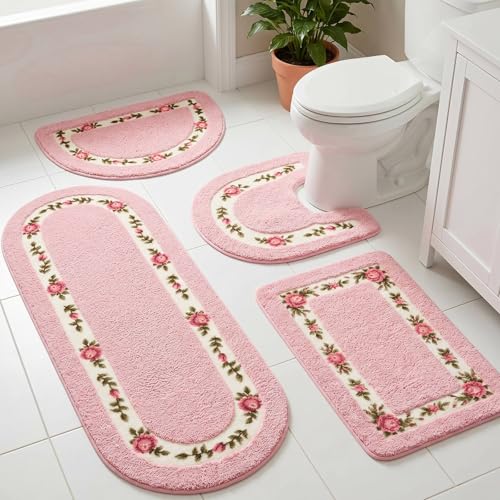 4-Piece Pink Floral Bathroom Rug Set - Non-Slip Absorbent Flower Bath Mats