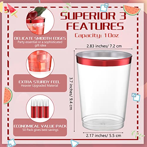 Norme 50 Pack 10 oz Clear Plastic Cups with Red Colored Rim, Disposable Drinkware