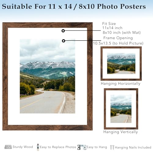 11x14 Wood Picture Frame with 8x10 Mat - Deep Brown Wall Hanging Frame