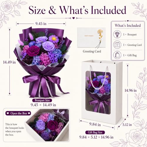 Preserved Purple Rose Bouquet in Vase, Eternal Real Flowers Gift for Her