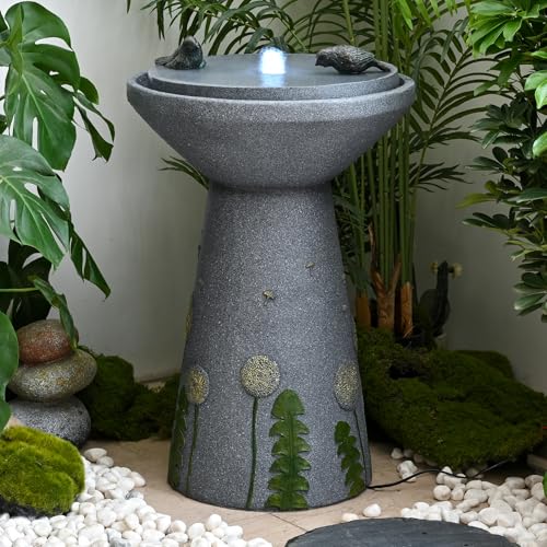 30.7" Outdoor Floor-Standing Water Fountain with LED Lights & Bird Motif