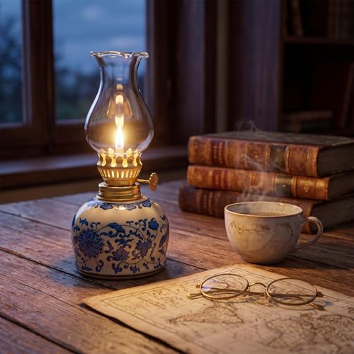 Vintage Ceramic Oil Lamp with Blue and White Chinoiserie Design